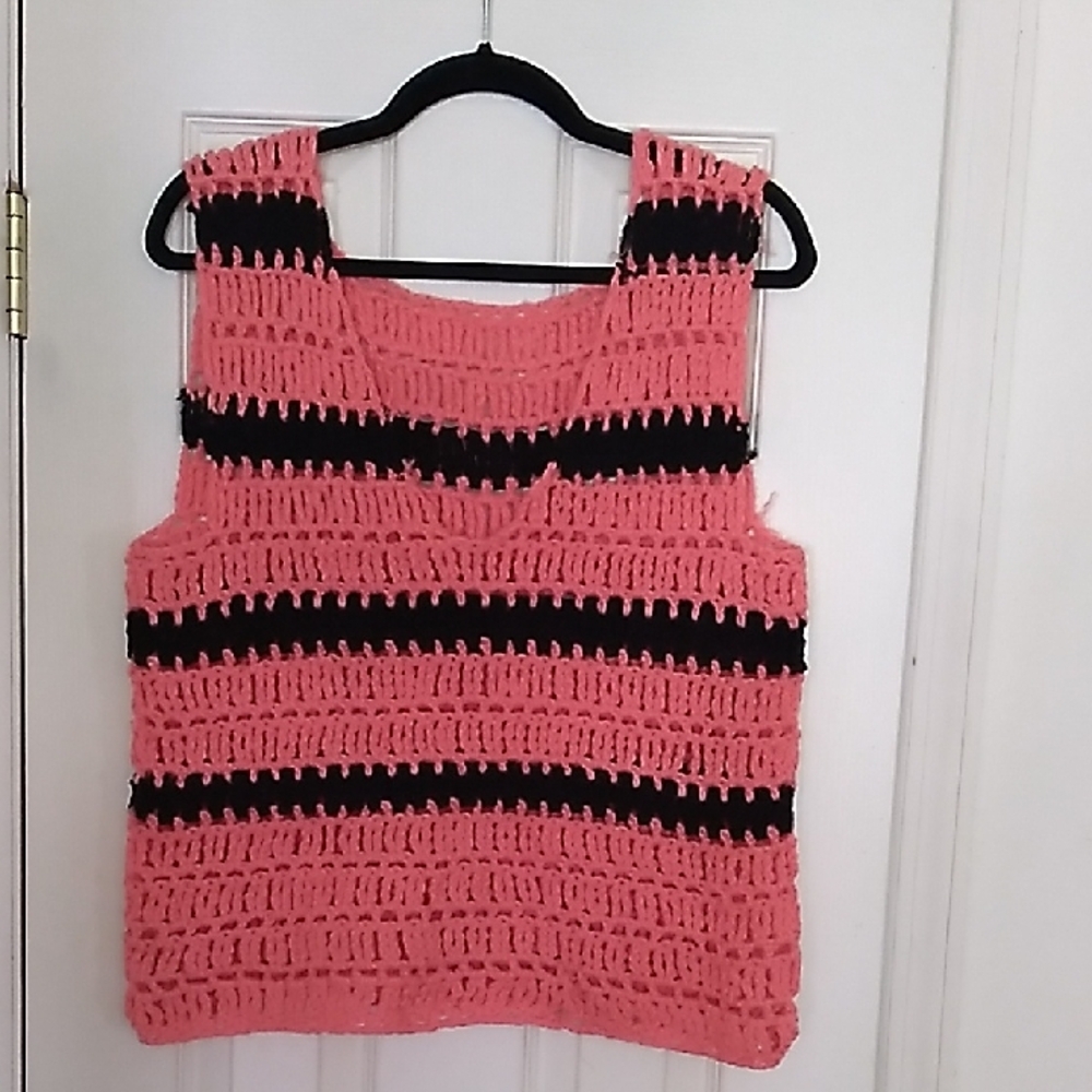 Crochet Stripe Tank Top in Coral and Black